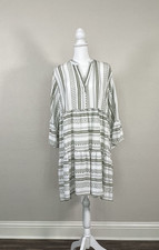 Salty Lemon XL Tunic Dress Sage & White Striped 3/4 Sleeve Ruffles Boho Western