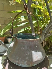 Vintage Copper  Cauldron Pot with Wrought Iron Handle. Approx. 19” H.
