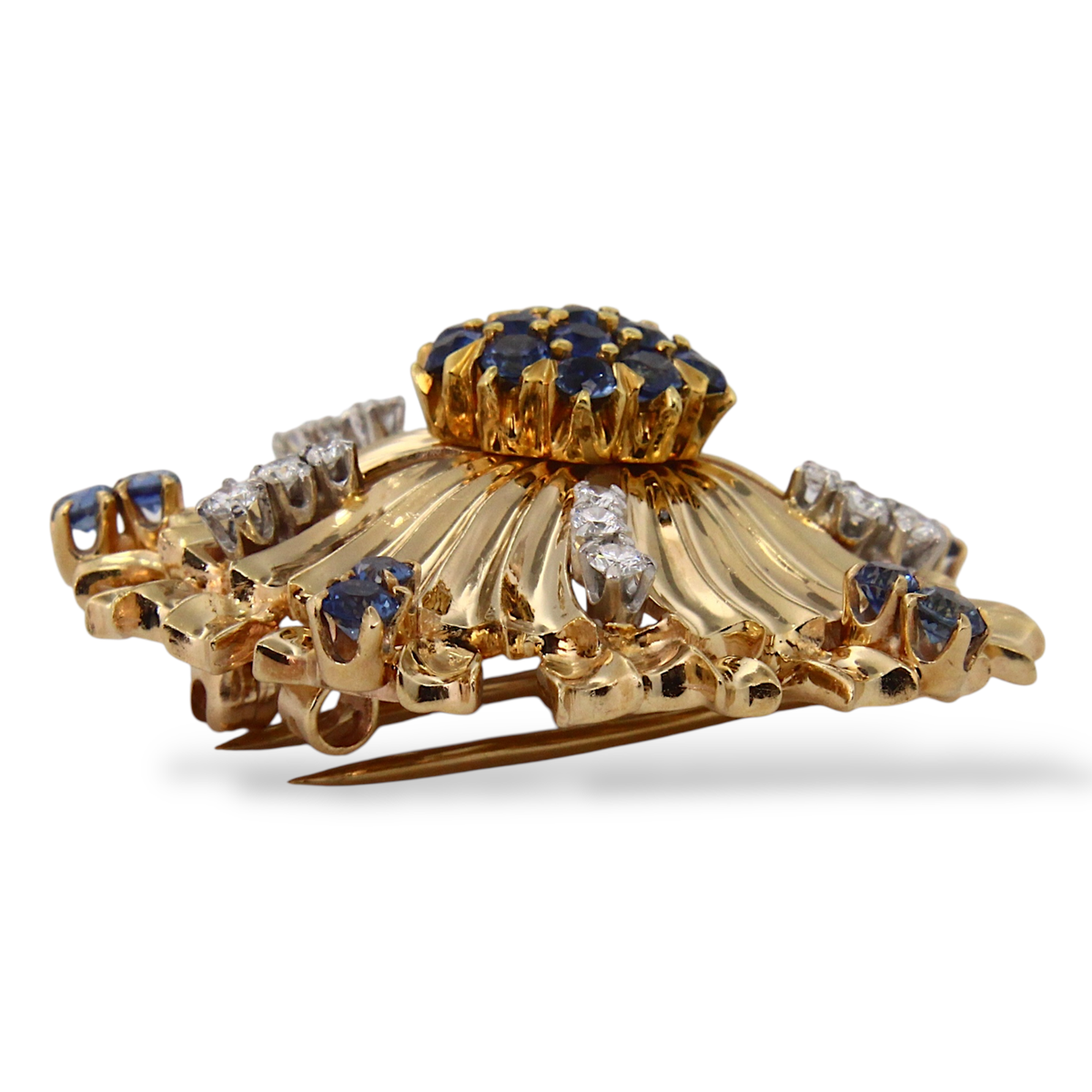 CARTIER Mid Century Vintage Flower Diamond Blue Sapphire Brooch