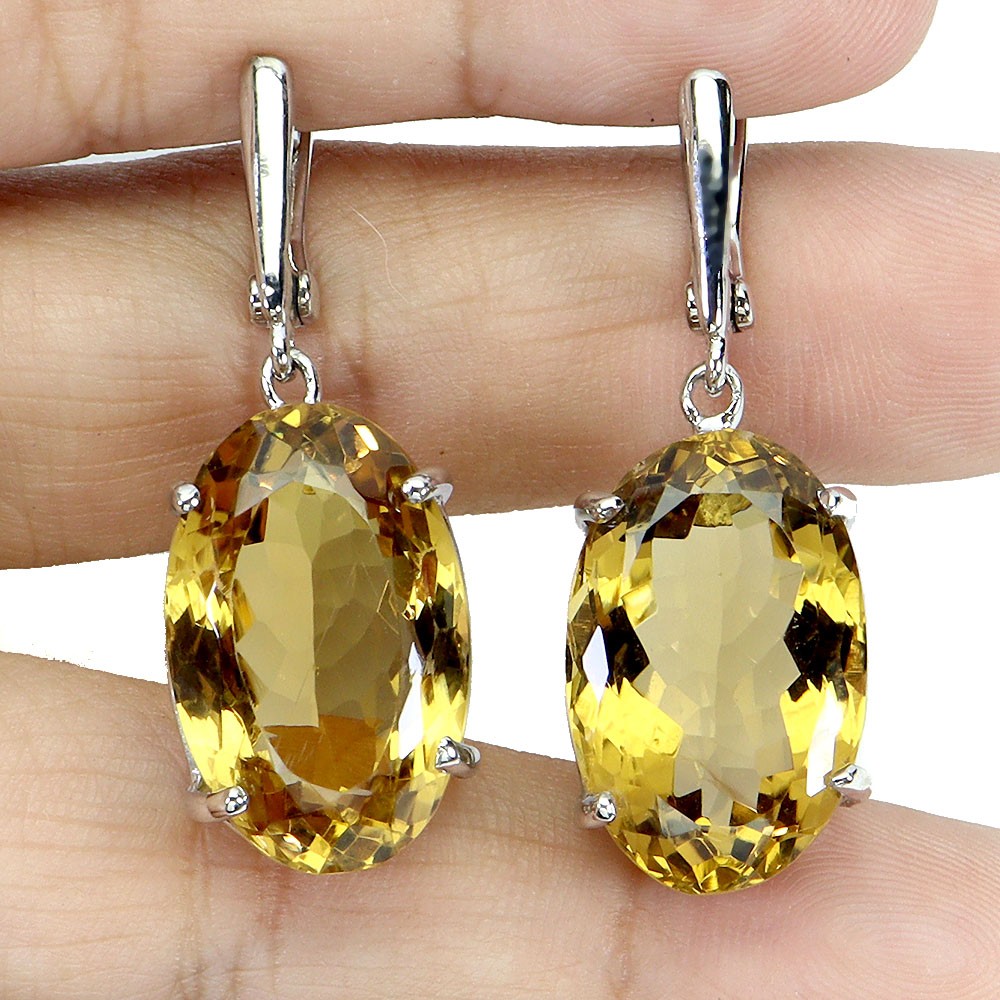 925 Sterling Silver Earrings Oval Citrine 38ct 20x13mm Handmade Gem Jewelry Rare