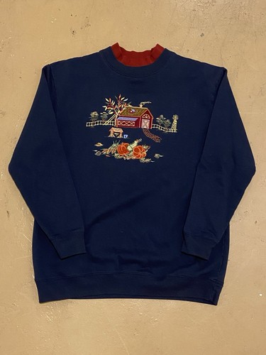 VTG 90s Embroidered Harvest Sweater Blue Medium Cottagecore Pumpkin Grandma