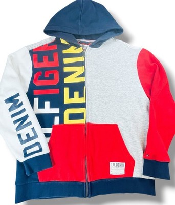 Tommy Hilfiger Denim Hoodie Full Zip Colorblock Logo Unisex Mens  Vintage Color
