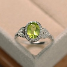 Green Peridot Women Ring Oval Natural Gemstone 925 Sterling Silver Dainty Ring