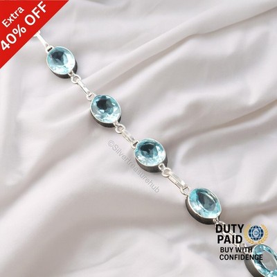 Oval Sky Blue Topaz Stone 925 Silver Chain December Birth Mother Trendy Bracelet
