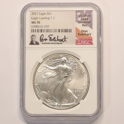 2021 $1 AMERICAN SILVER EAGLE NGC MS70 DON EVERHART HAND SIGNED FLAG LABEL T2