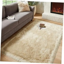 Faux Fur Sheepskin Rug for Living Room, 4 x 6 ft Beige Fluffy Area Rug for