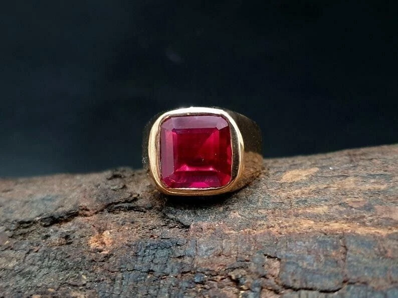 Anillo de oro amarillo real de 14 k de aniversario de piedras preciosas de rubí rojo natural de 2,5 quilates para hombre Foto 4 de 4