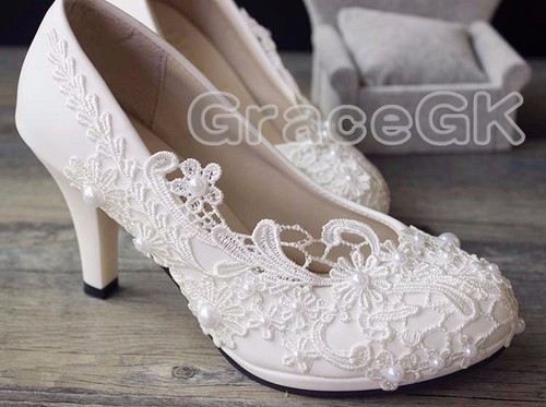 Lace white ivory crystal Wedding shoes Bridal flats low high heel pump size  5-12 | eBay