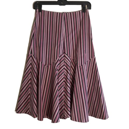 Vintage Betsey Johnson Midi Striped Skirt Pink Brown Cotton Flare Trim Size 2 - Picture 1 of 9
