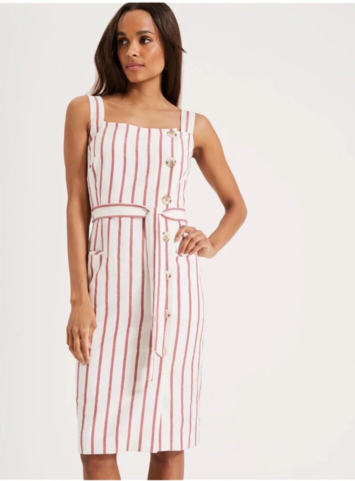 Iris Brand Light Red & Ivory Striped Linen Dress With Belt Straps Zip Back  Large