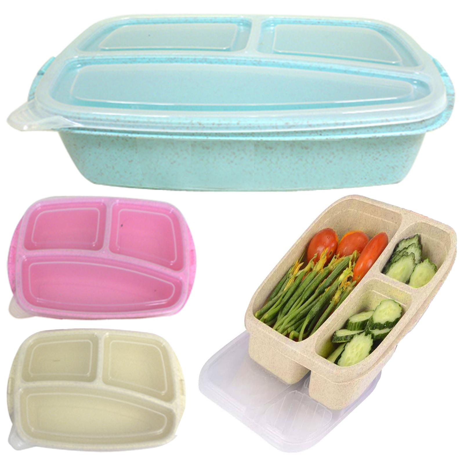 3 Large Food Storage Containers Heavy Duty 3 Section Divided Plate Lids