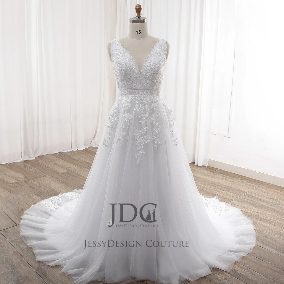 Träger Brautkleid Hochzeitskleid Elfenbein Weiß 32-60 V-Ausschnitt Perlen n.Maß - Bild 2 von 4