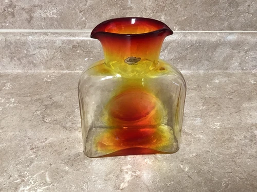 Blenko Art Glass Water Jug Tangerine Bottle Carafe Vase with Double Spout