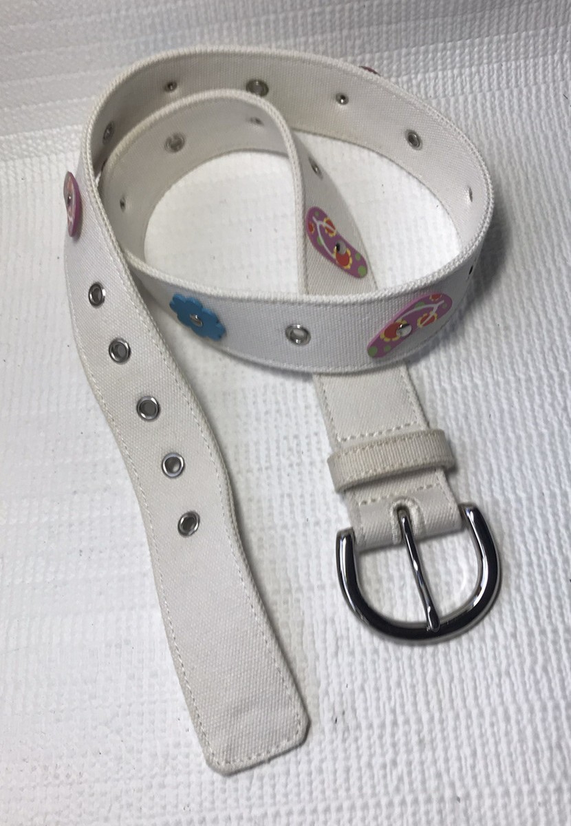 Womens White Canvas Flip Flop and Flower Embellished Belt Sz 32