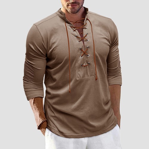 Mens Long Sleeve Lace Up Pullover T Shirt Casual Slim Fit V Neck Tops Blouse Tee - Picture 7 of 29