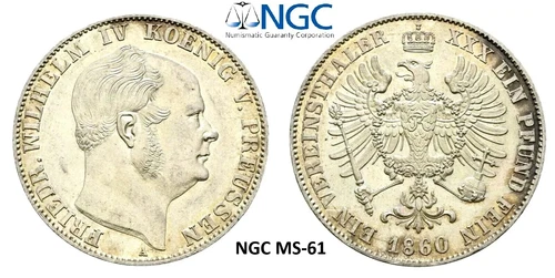 NGC Prussia 1 Thaler MS 61 1860 Silver Coin Unc Portrait Germany Large Head