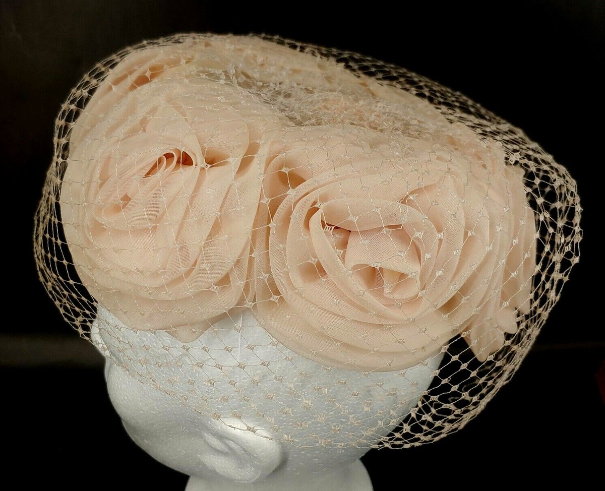 Vintage 1960s Pink Ruffled Net Pillbox Hat Paris Boutique Union Made Vintage Womens 1960s Pink Floral Hat with Sheer Mesh Union  main image 3