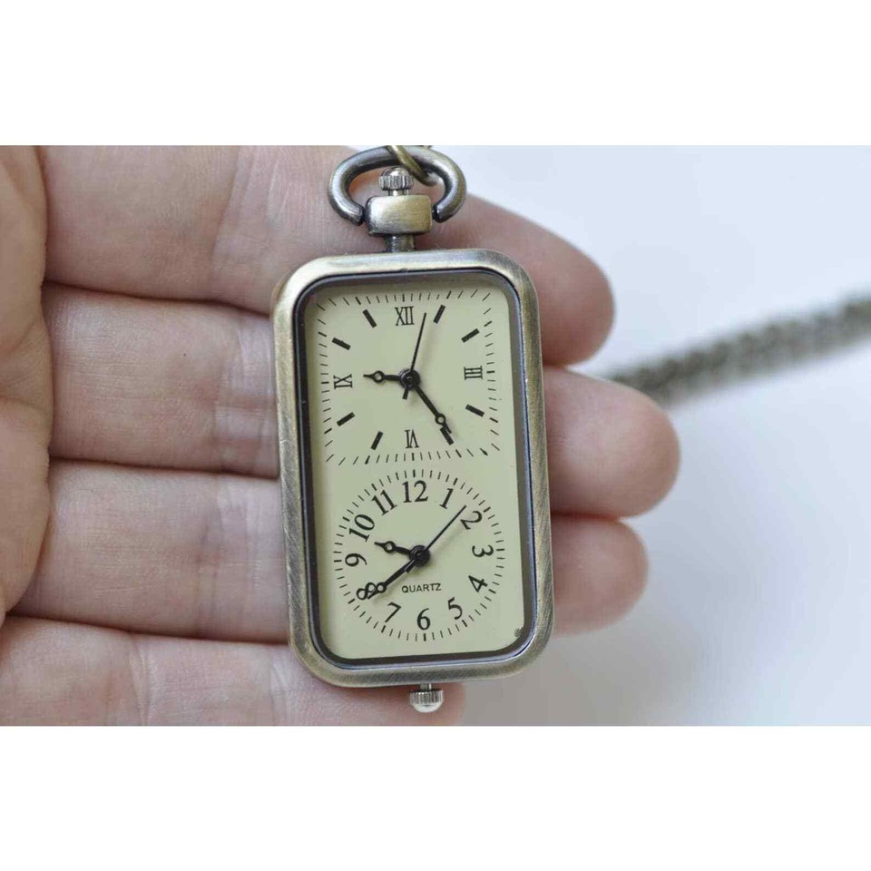 Rectangular Pocket Watch Dual Time Zone NEW Pocket Watch Pendant Vintage Bronze Rectangle ...
