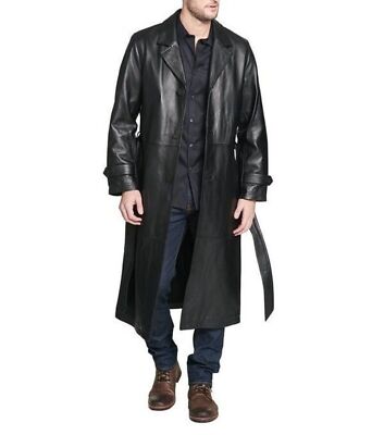 Herren Schwarz Lang Leder Mantel   Langärmelig Echt Lammleder Classic Basic Stil