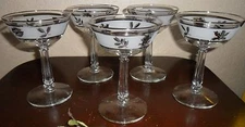 5 ORIGINAL MID CENTURY ELEGANT FROSTED SILVER ACCENTING STEMWARE STEM GLASSES