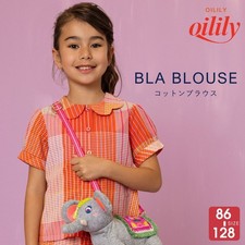 Cotton Short-Sleeve Check Blouse, Orange, Scallop Collar 86-128cm