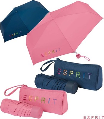 Esprit Regenschirm Damen Mini Taschenschirm klein mit Tasche Colorful Logo
