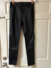 Women's Black Faux Leather Skinny Slim Fit Pants Flat Front Button Pockets
