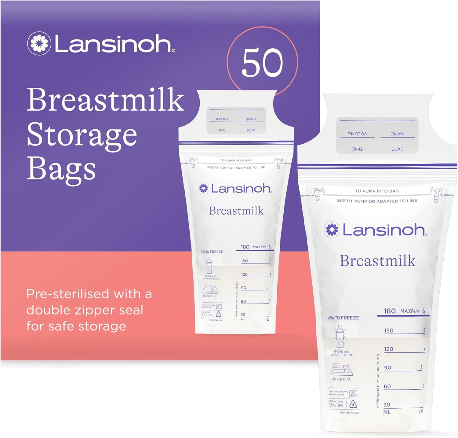 Lansinoh Breast Milk Storage Bags - Pre-Sterilised, Leakproof & Bpa/Bps-Free - F