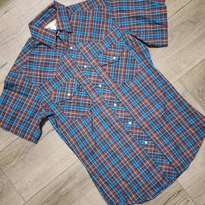 Wrangler Western Fashion Snap Shirt Mens Small Blue Brown Plaid WM186BB Short Sl