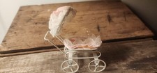 vintage miniature/ Dollhouse canopied white metal baby carriage or stroller