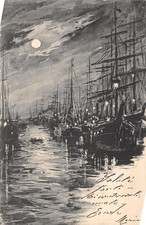 Cartolina Marina con barche a vela notturno illustrata 1903