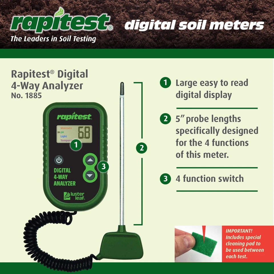 Rapitest 4-полосный цифровой анализатор почвы pH влажность свет тестер температуры - Изображение 4 из 4