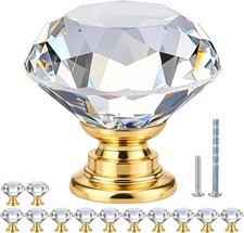 Crystal Drawer Knobs 12 Pack 1-3/16 Inch Diamond Glass Pulls Clear Gold