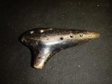Antique signed R Teschner Ceramic 8" black Ocarina Folk intrument RARE