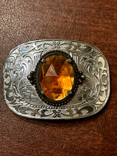 Western Silver Tone Belt Buckle With Amber Colored Stone