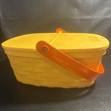 Vintage Plastic Fisher Price Yellow Picnic Basket with Orange Handle