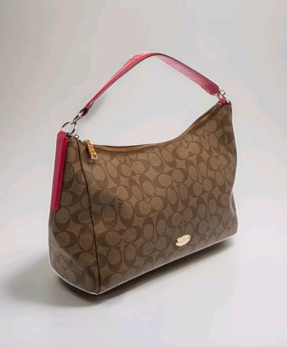 Borsa a tracolla Coach beige fucsia firmata rivestita in tela e pelle