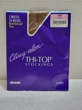 2 PAIR VINTAGE SEARS CLING-ALON THIGH THI-TOP STOCKINGS PETITE SANDSTONE USA