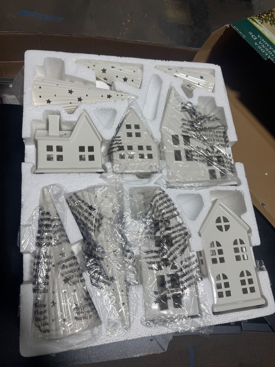 Ceramic Holiday Village 10 Piece Lighted Set White Christmas