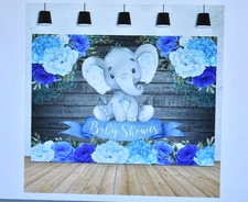 Aperturee Boy Elephant Baby Shower Backdrop Blue Floral Watercolor 7' x 5'