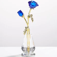 Crystal Rose Flowers Figurines Home Decor, Blue Glass Flowers with Stems, Collec