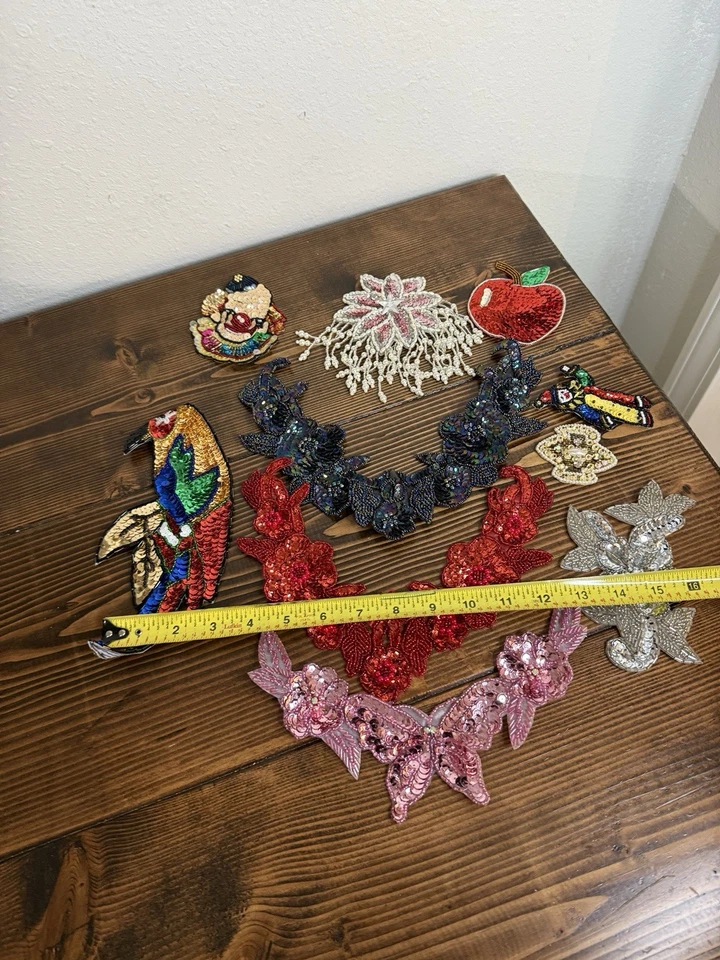 Lote de apliques vintage bordados grandes flores cuentas lentejuelas parche cuello payaso Foto 3 de 4