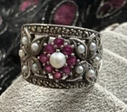 Designer Vintage Victorian Style Sterling Silver Ruby Seed Pearl Flower Ring S.8
