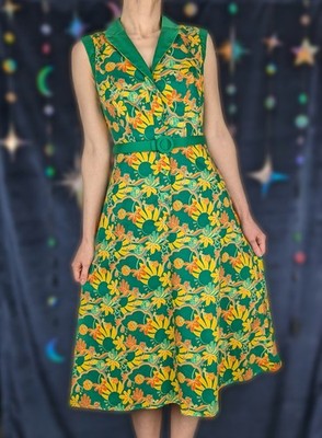Collectif Bright & Beautiful Retro Floral Sleeveless Midi Shirt Dress (US 4/UK8)