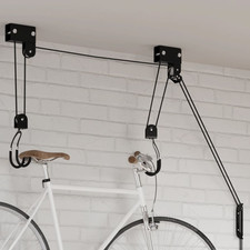 Bike Hoist Ceiling Lift Black Steel 57kg Capacity Max 4m Nylon Straps Brake Fold