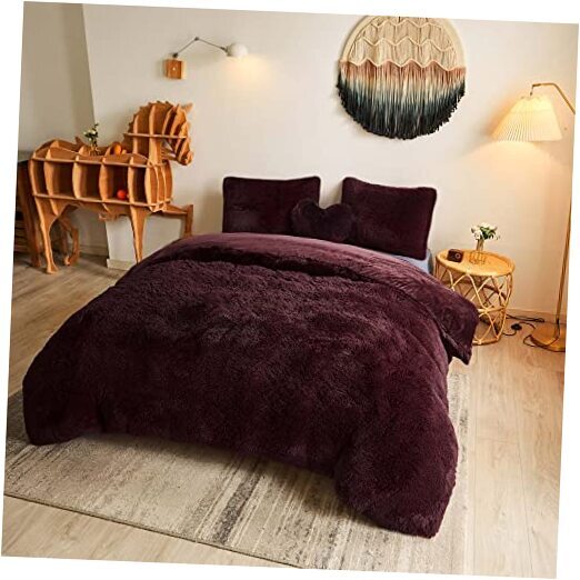 Luxury Shaggy Faux Fur Duvet Cover Set, Ultra Soft 2 Pieces Twin Burgundy