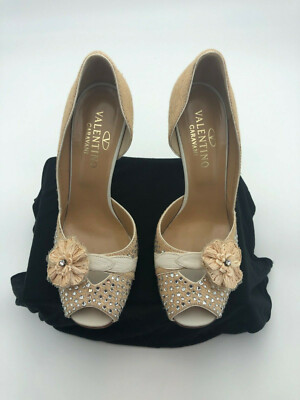 Valentino Garavani Peep-Toe Swarovski Leather/Linen Shoes 38.5-WOW!