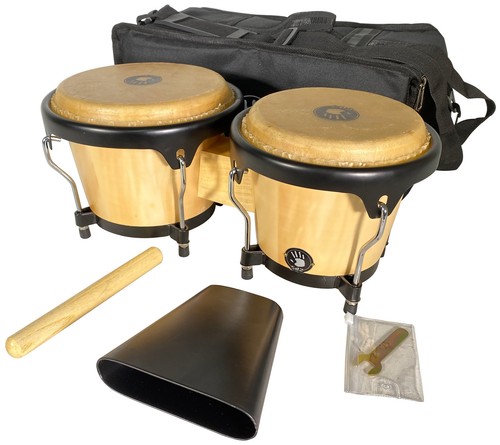 Bongos Percussion Drum Set w/ Bag, Cowbell & Stick - Natural