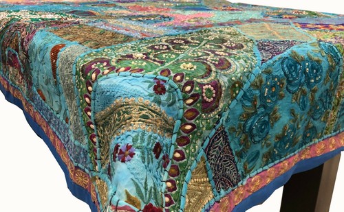 TABLECLOTH BLUE PATCH WORK EMBROIDERED SIZE 55" X 55" USA SELLER FREESHIP - Picture 2 of 6