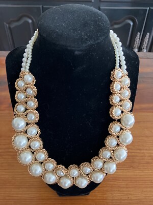 Charming Charlie Necklace Two Layer Gold Toned and White Vintage Style